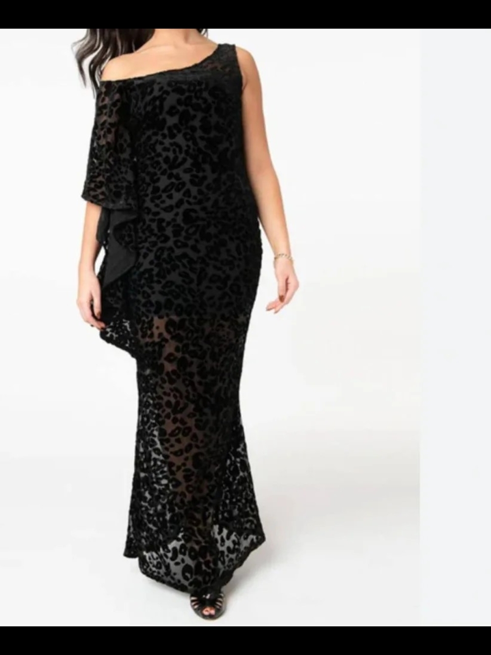 Unique Vintage Plus Size Black One-Shoulder Velvet Burnout Kaftan Dress